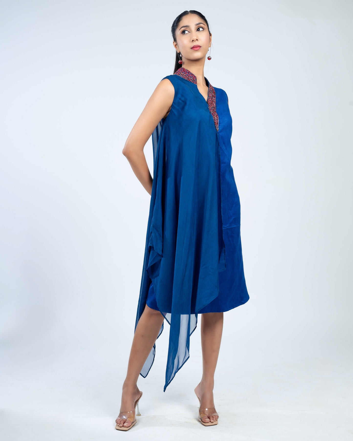 Asymmetric overlay suede organza dress