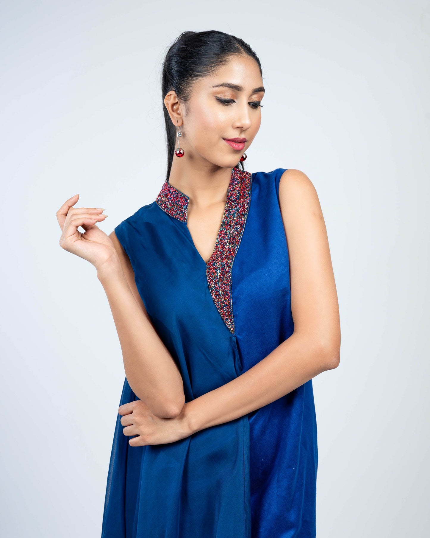 Asymmetric overlay suede organza dress