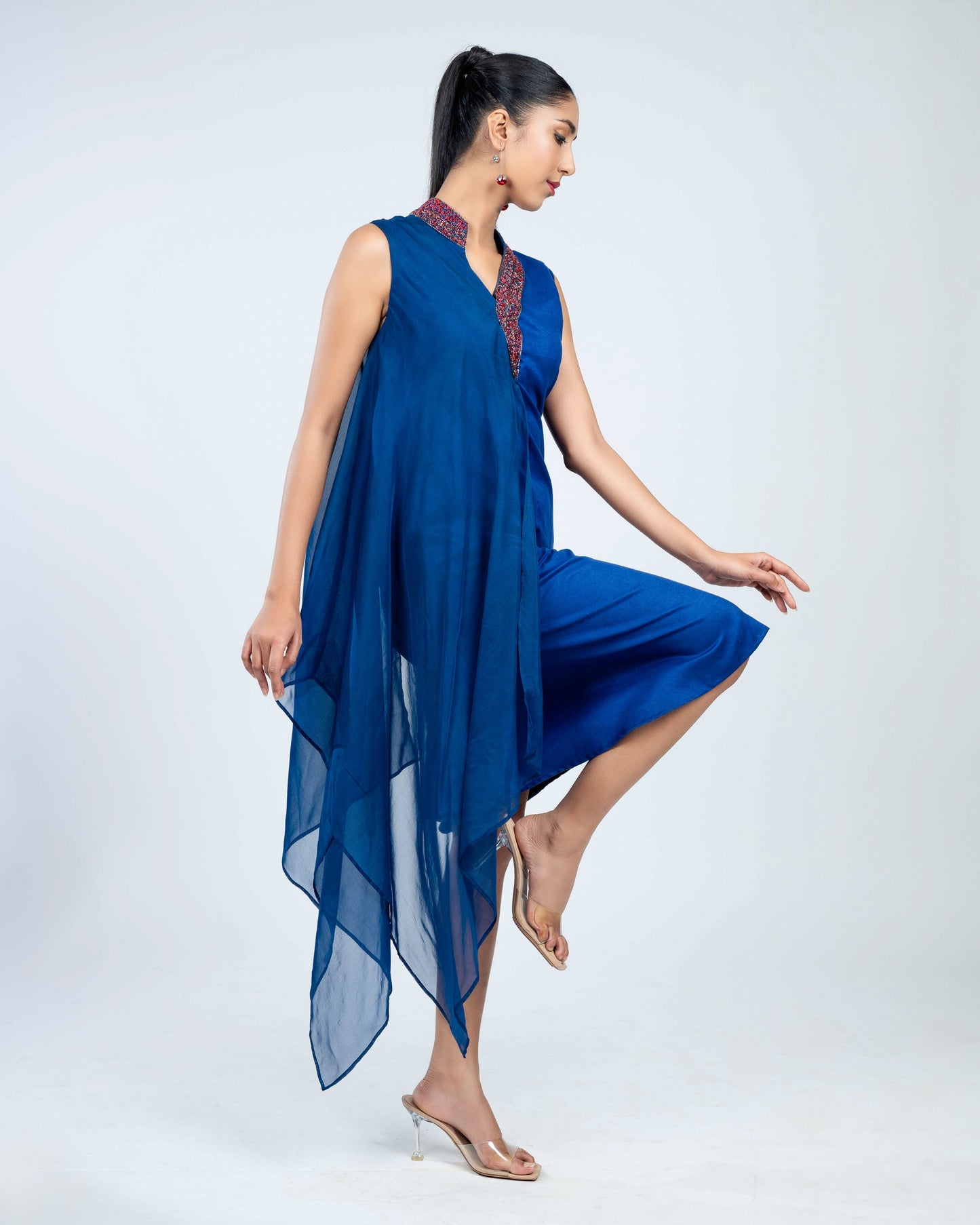 Asymmetric overlay suede organza dress