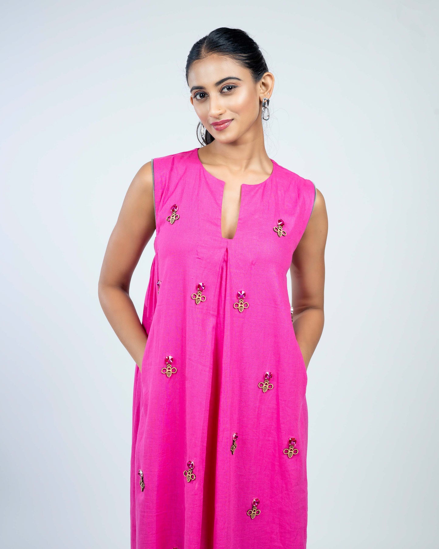 Viscose linen flared dress hot pink