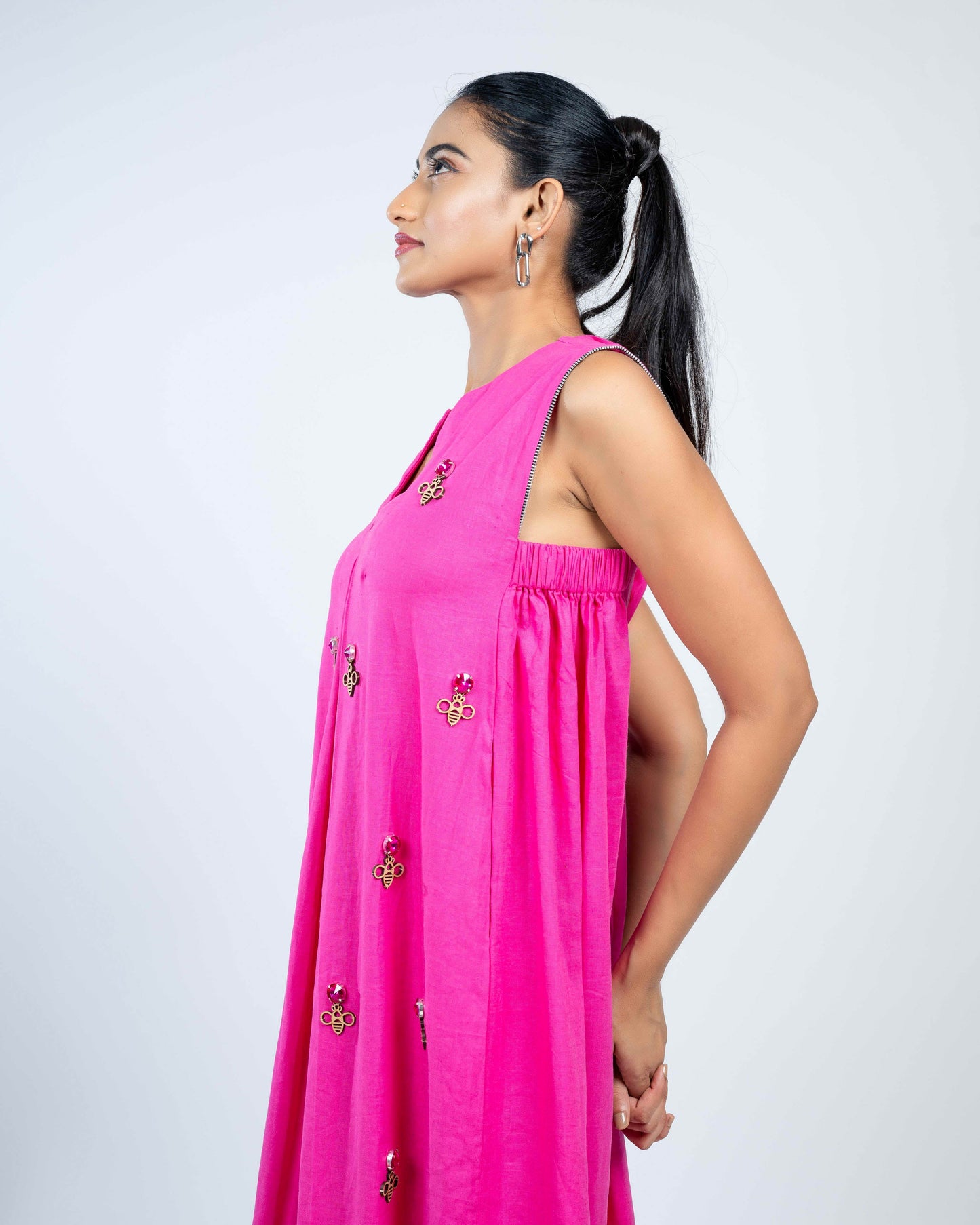 Viscose linen flared dress hot pink