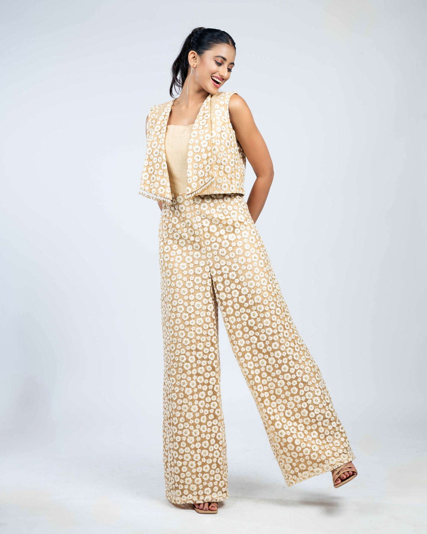 Floral net jumpsuit with jacket off white