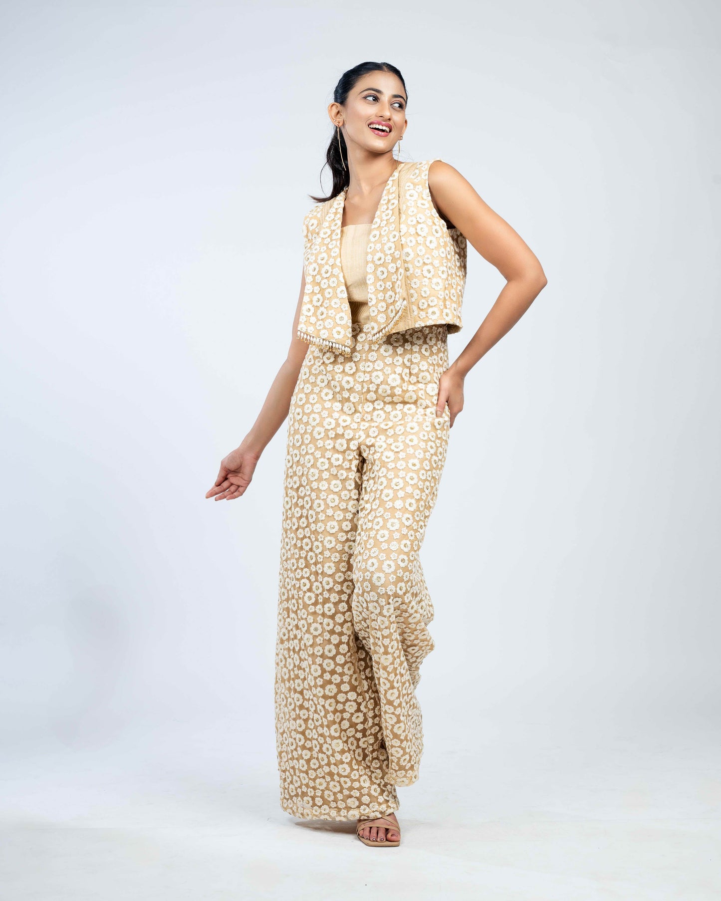 Floral net jumpsuit with jacket off white