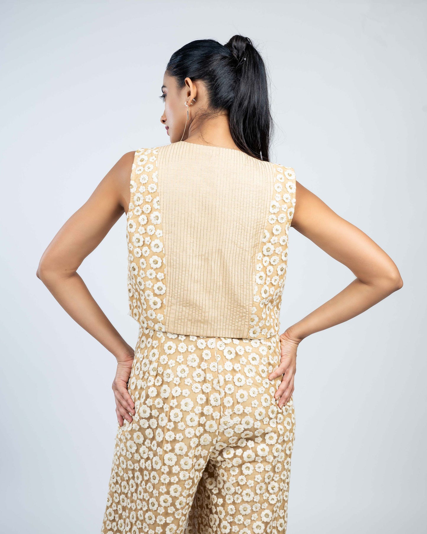 Floral net jumpsuit with jacket off white