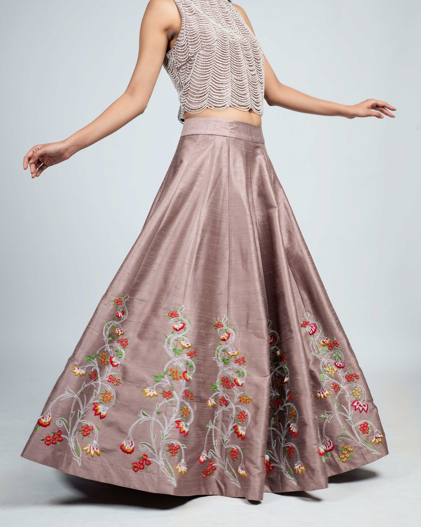 Pearl emblished crop top with panel skirt mauve