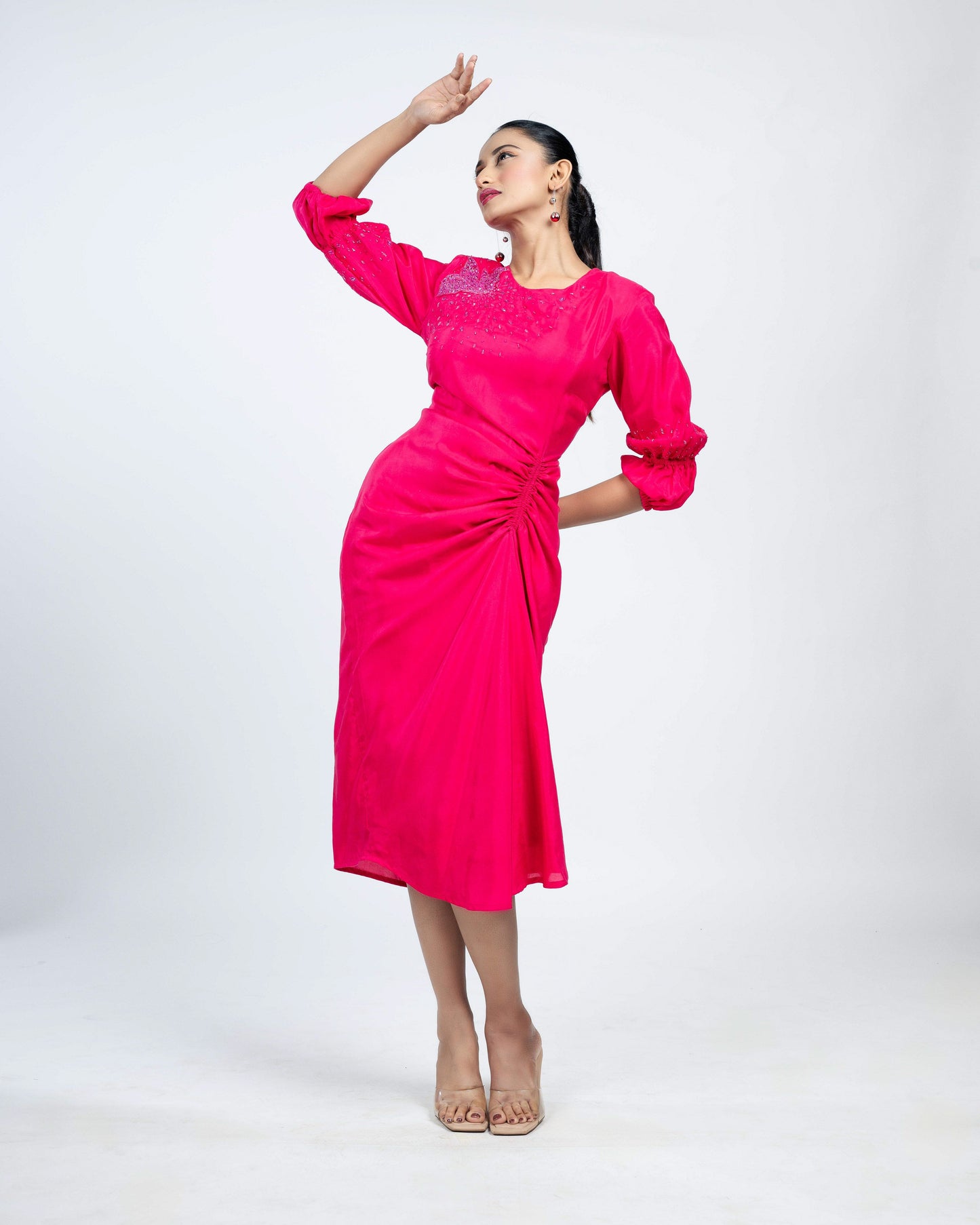 Munga crepe rouched dress hot pink