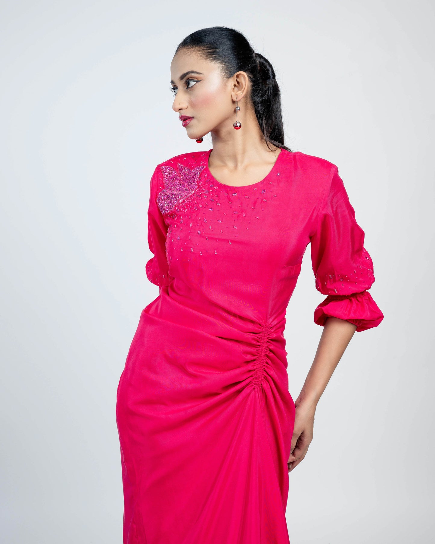 Munga crepe rouched dress hot pink