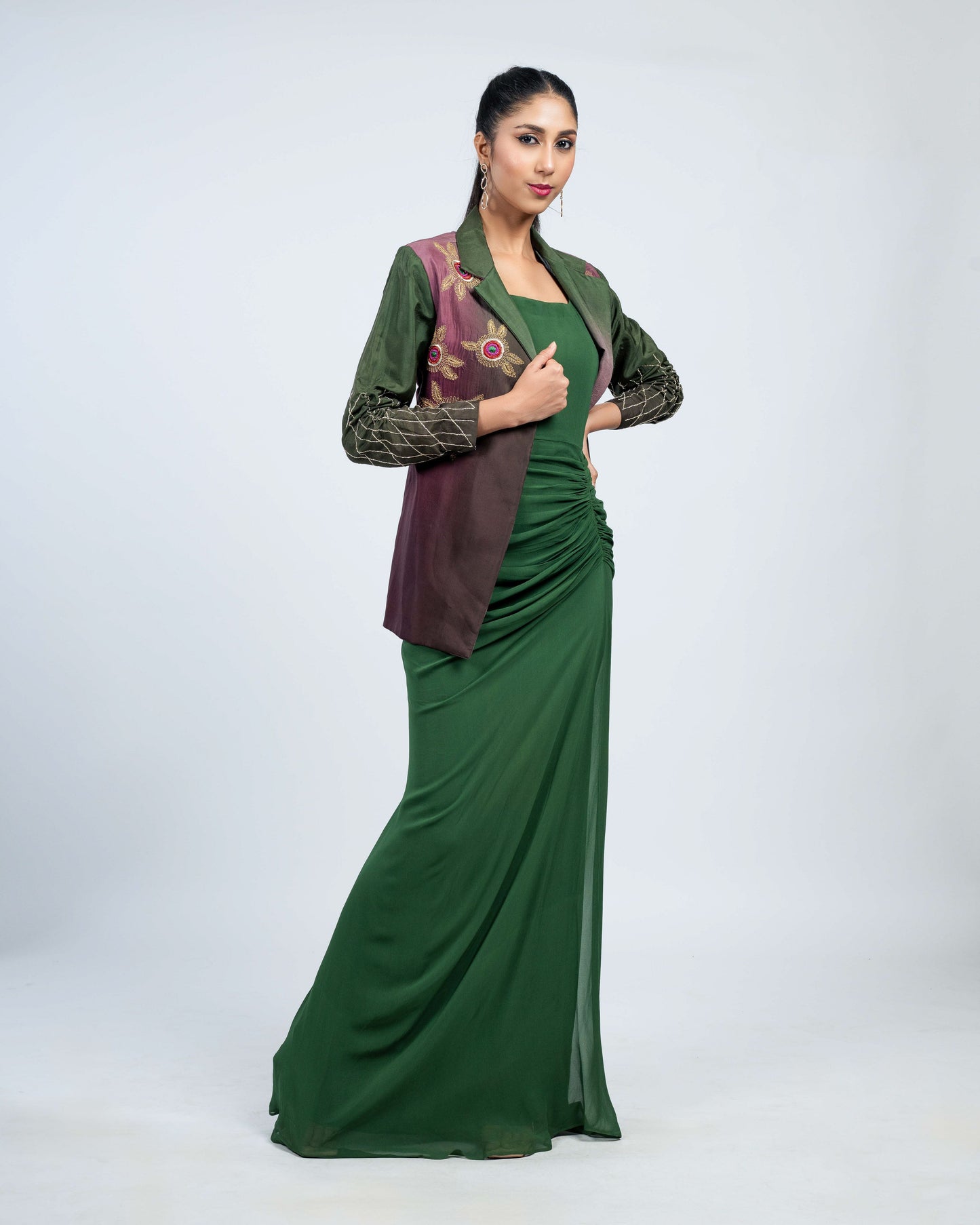 Ombre crepe blazer with rouched long dress