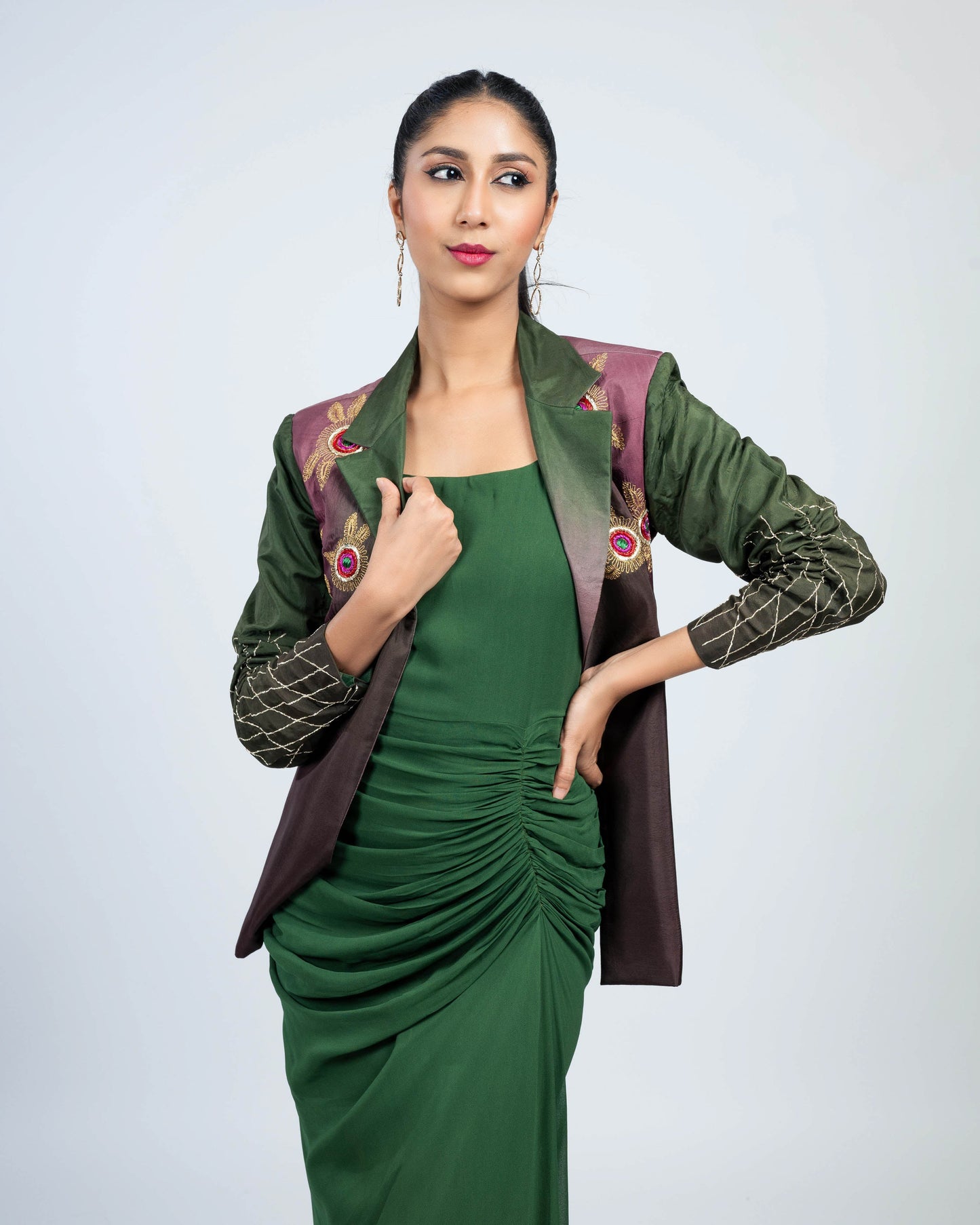 Ombre crepe blazer with rouched long dress