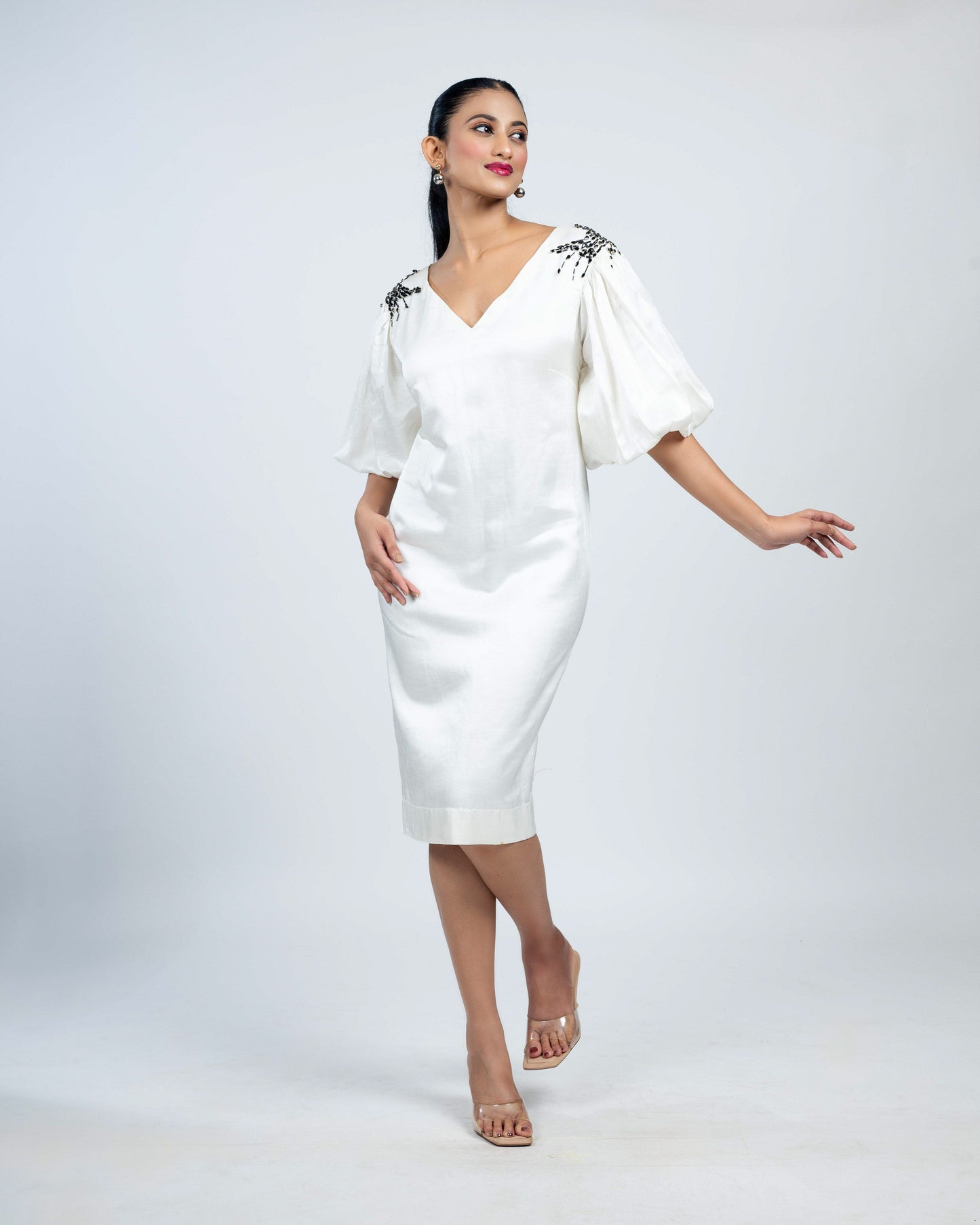 Linen satin puffed sleeves dress