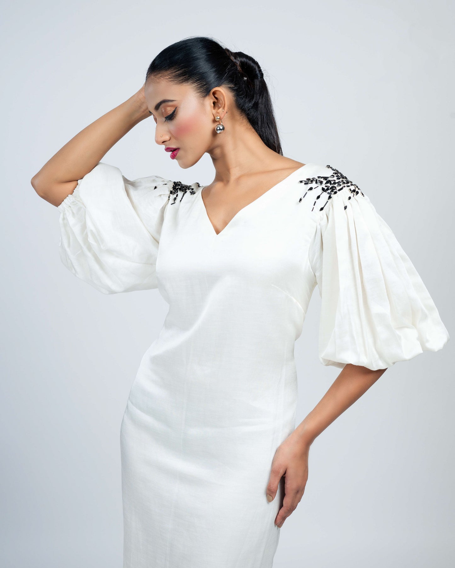 Linen satin puffed sleeves dress