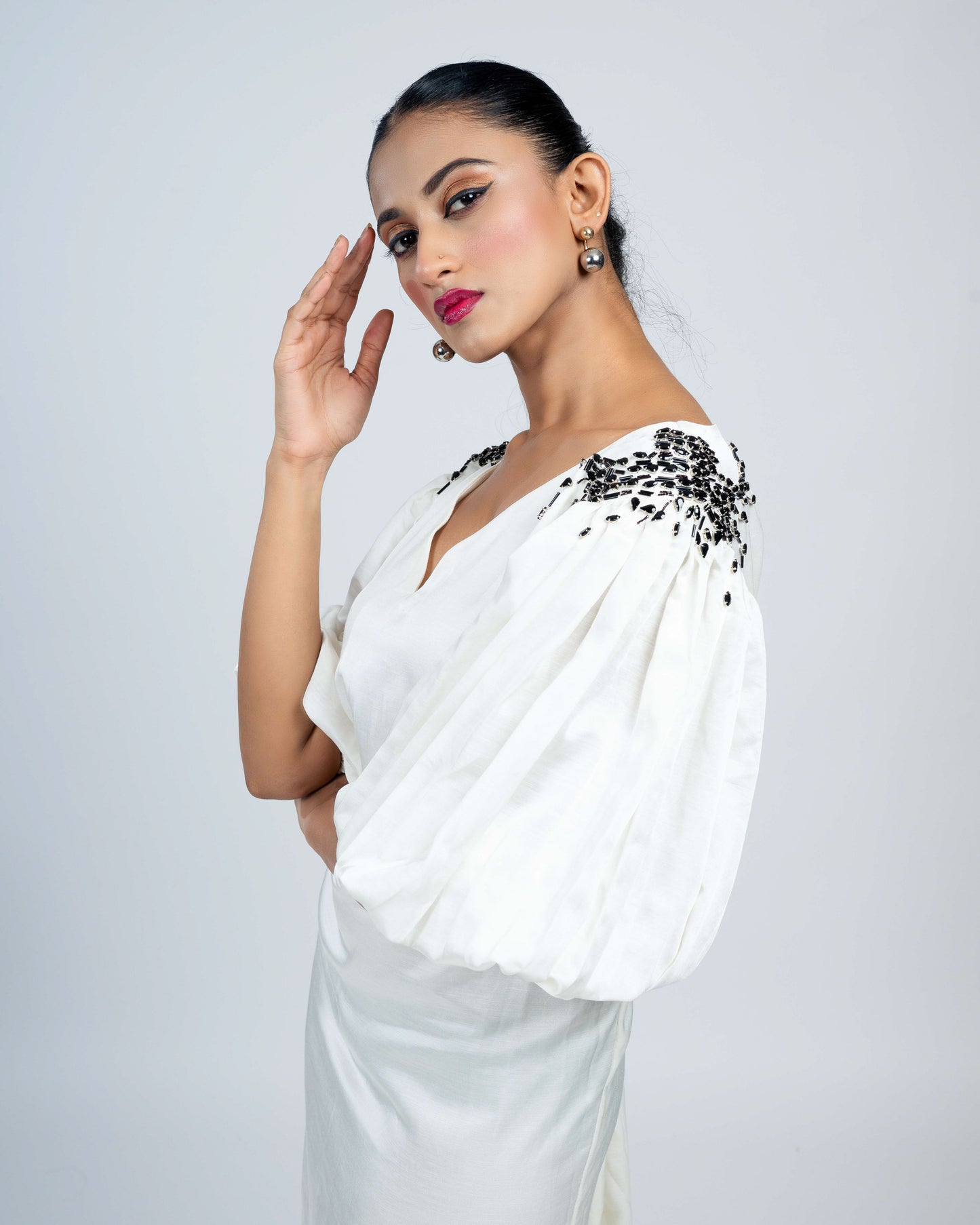 Linen satin puffed sleeves dress