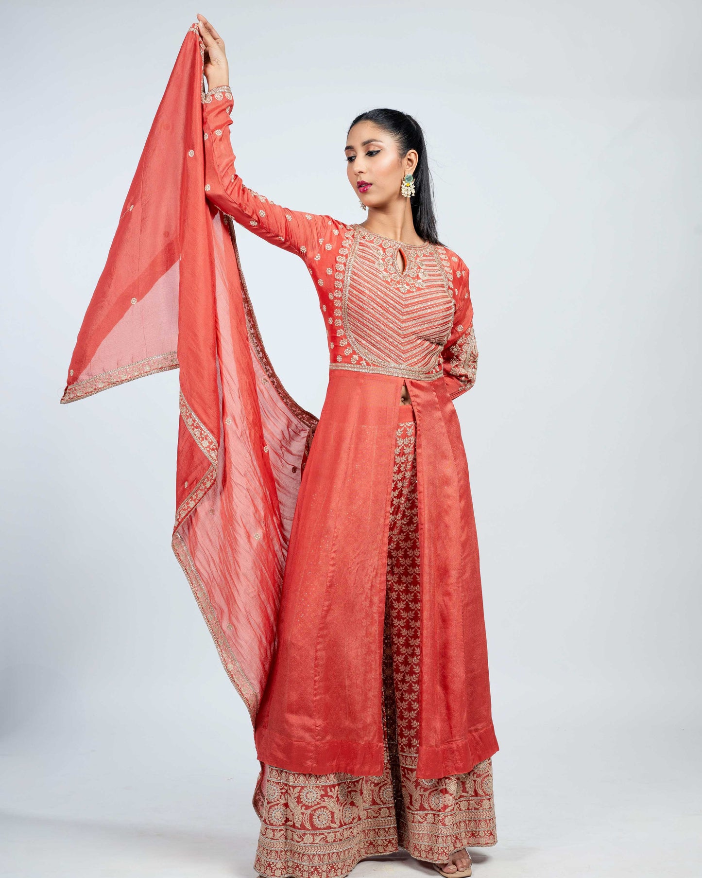 Embroidered anarkali set with dupatta coral orange