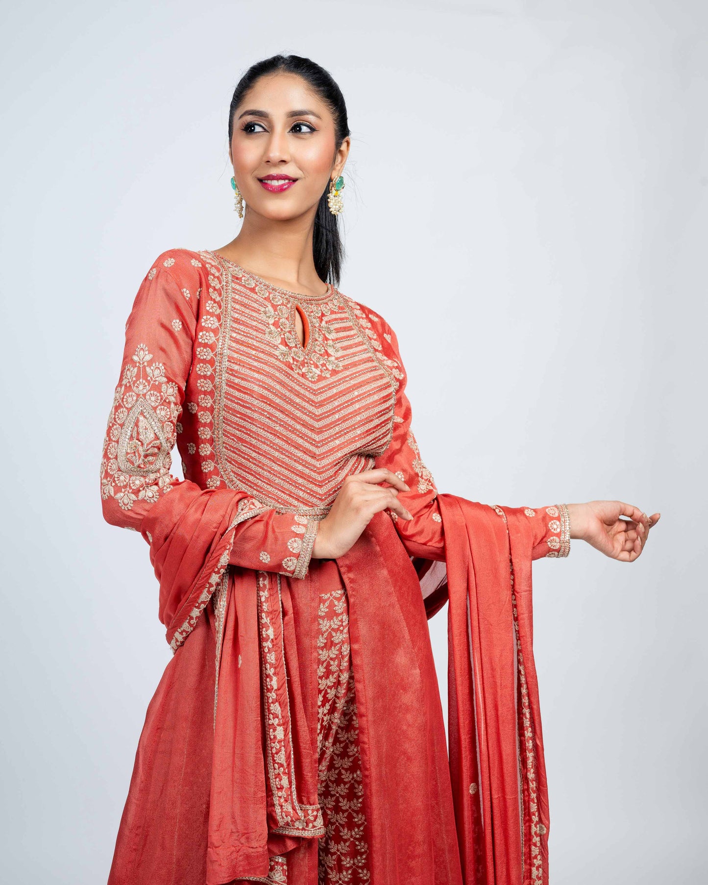 Embroidered anarkali set with dupatta coral orange