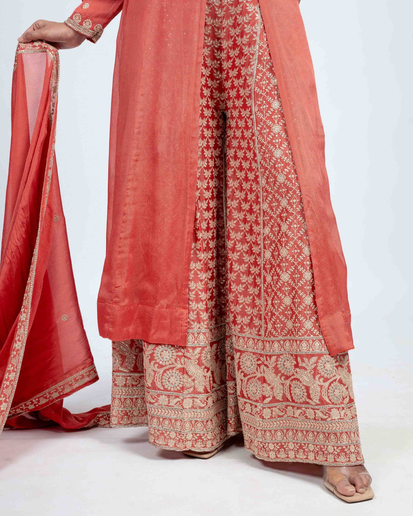 Embroidered anarkali set with dupatta coral orange