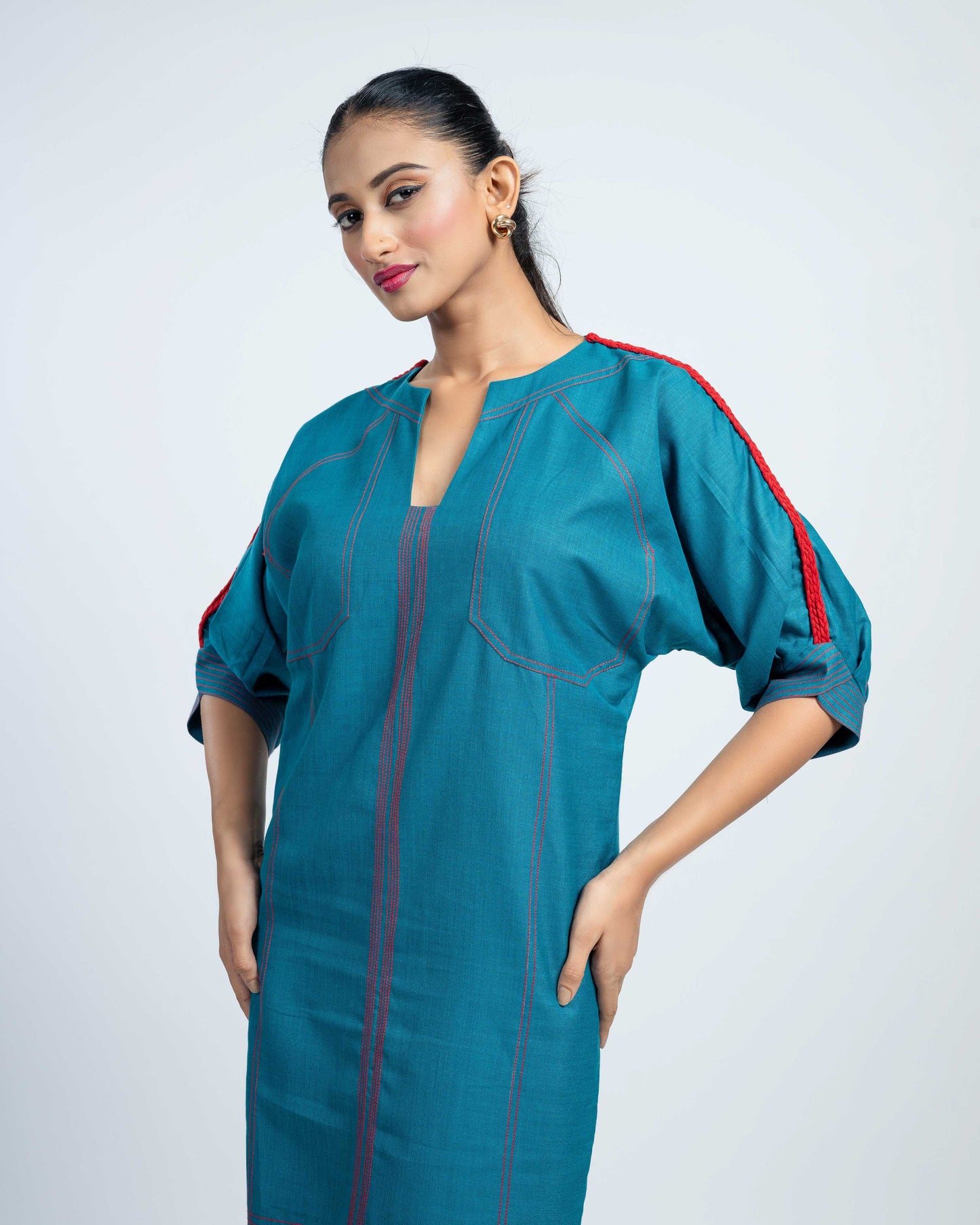 Textured teel cotton shift dress