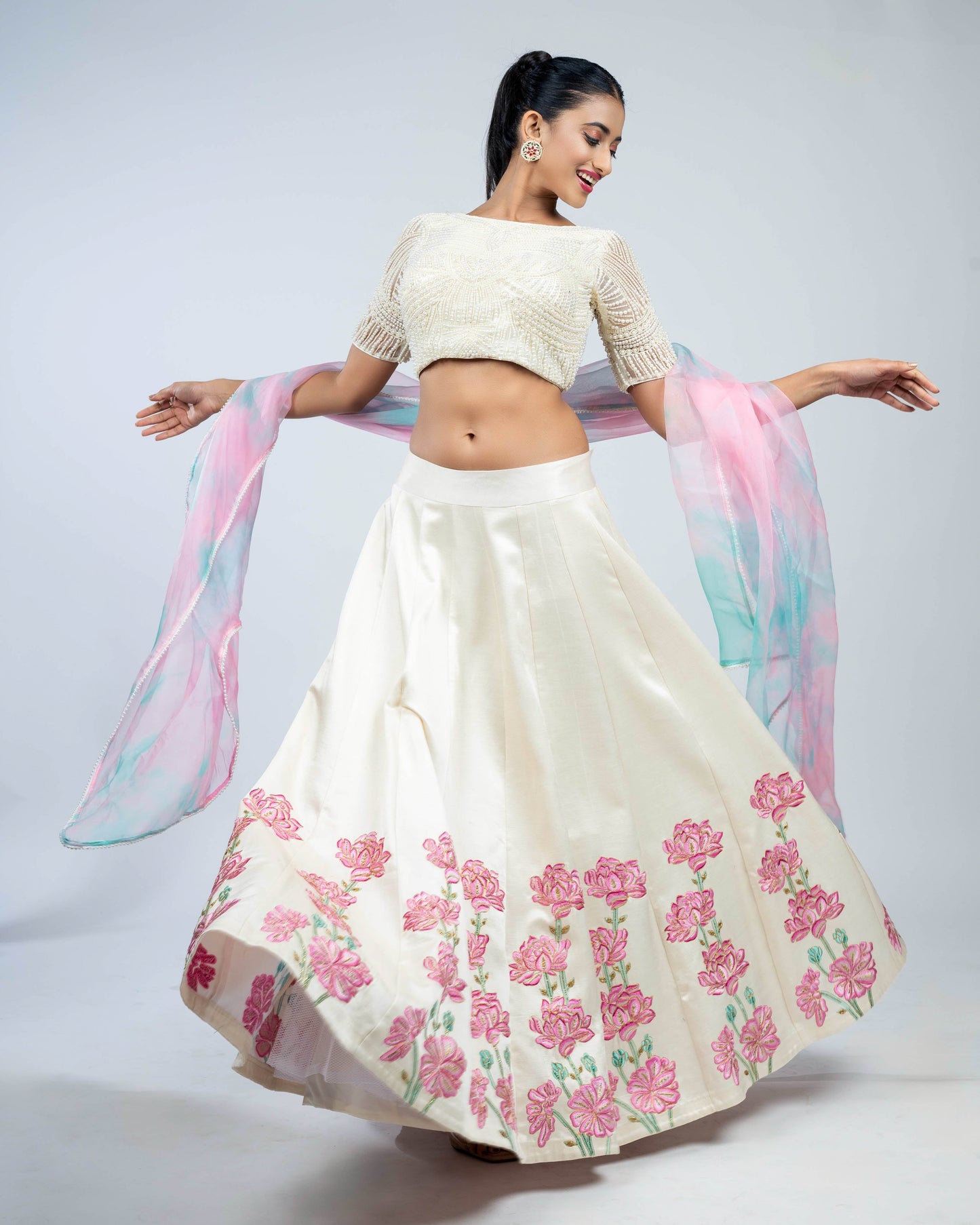 Linen satin pichwai skirt with pearl crop top