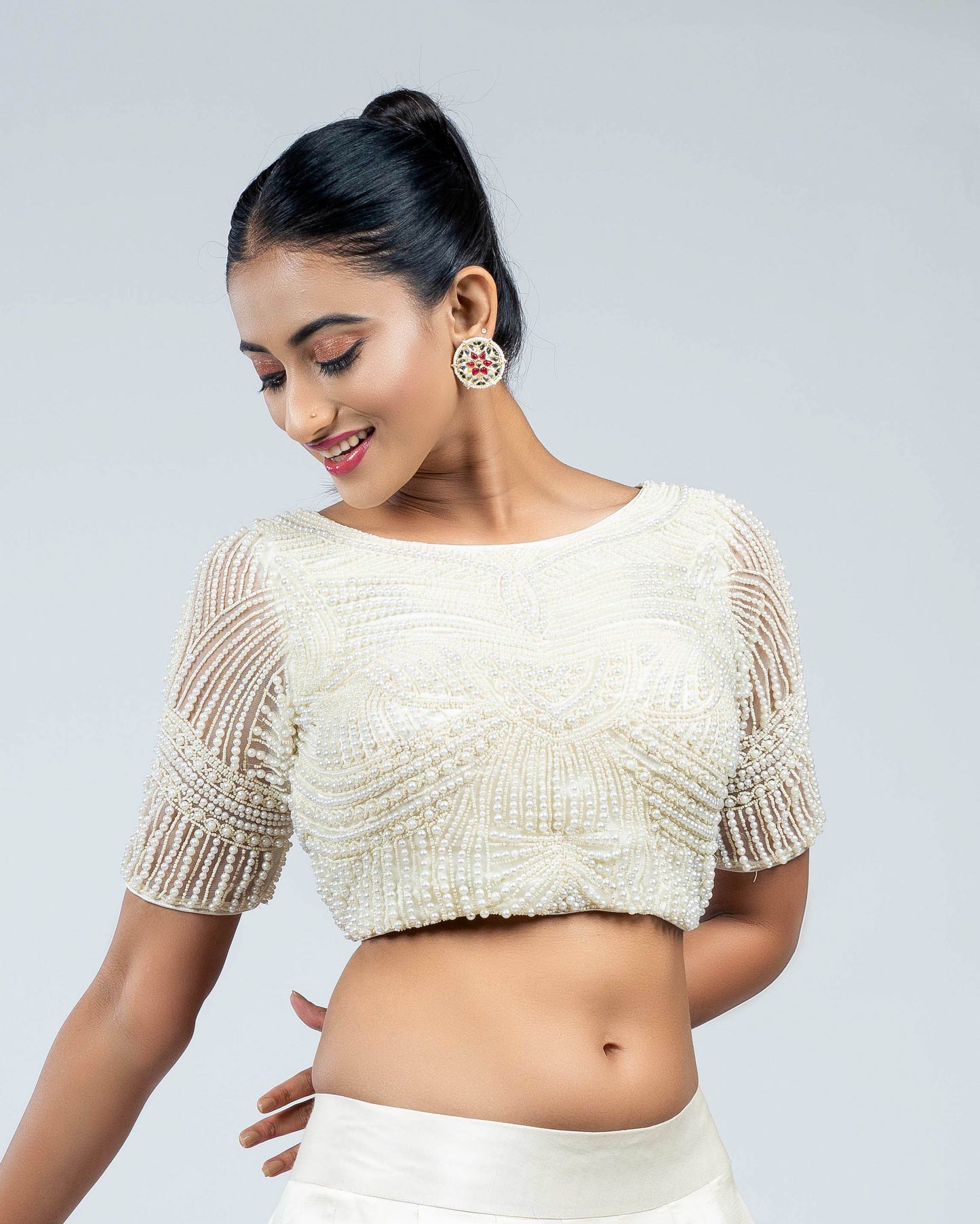 Linen satin pichwai skirt with pearl crop top