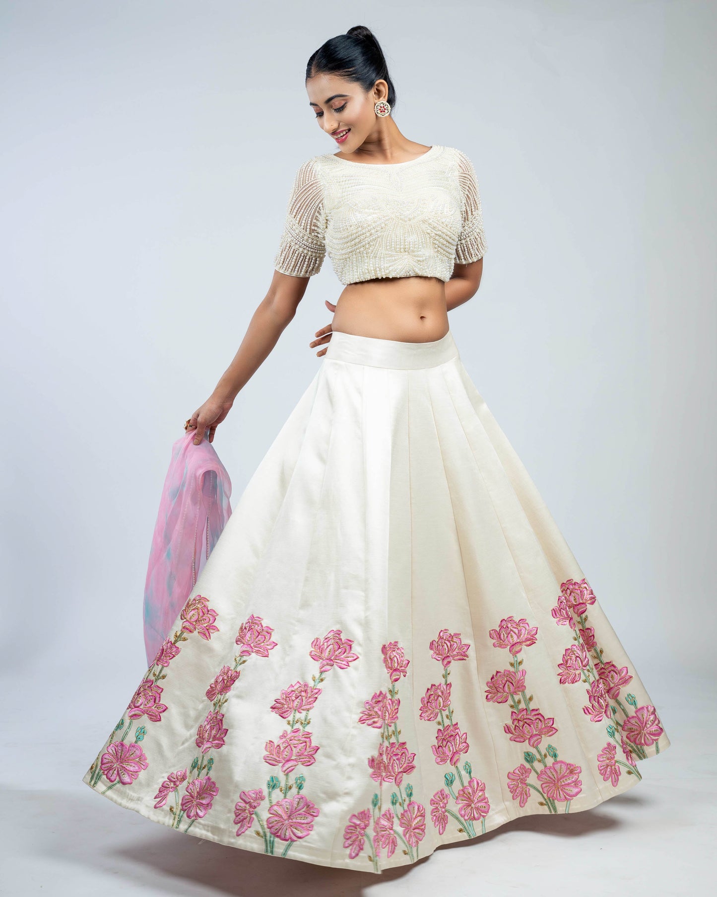 Linen satin pichwai skirt with pearl crop top