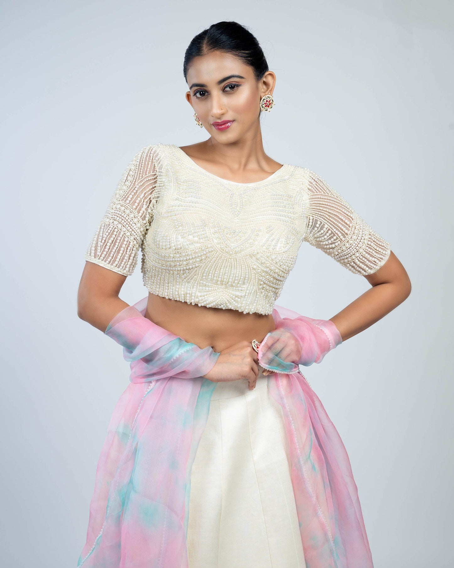 Linen satin pichwai skirt with pearl crop top