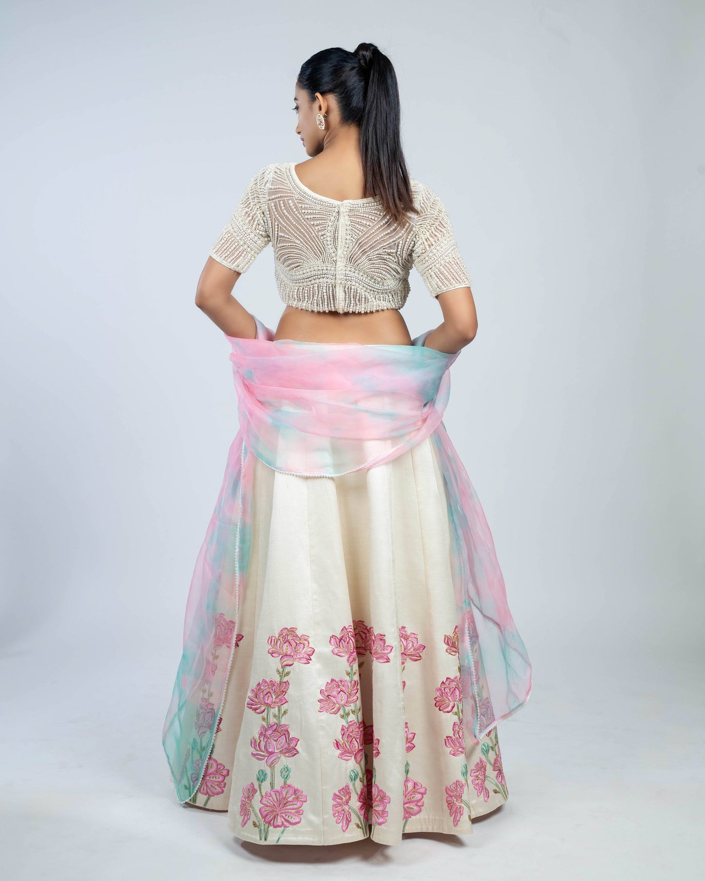 Linen satin pichwai skirt with pearl crop top