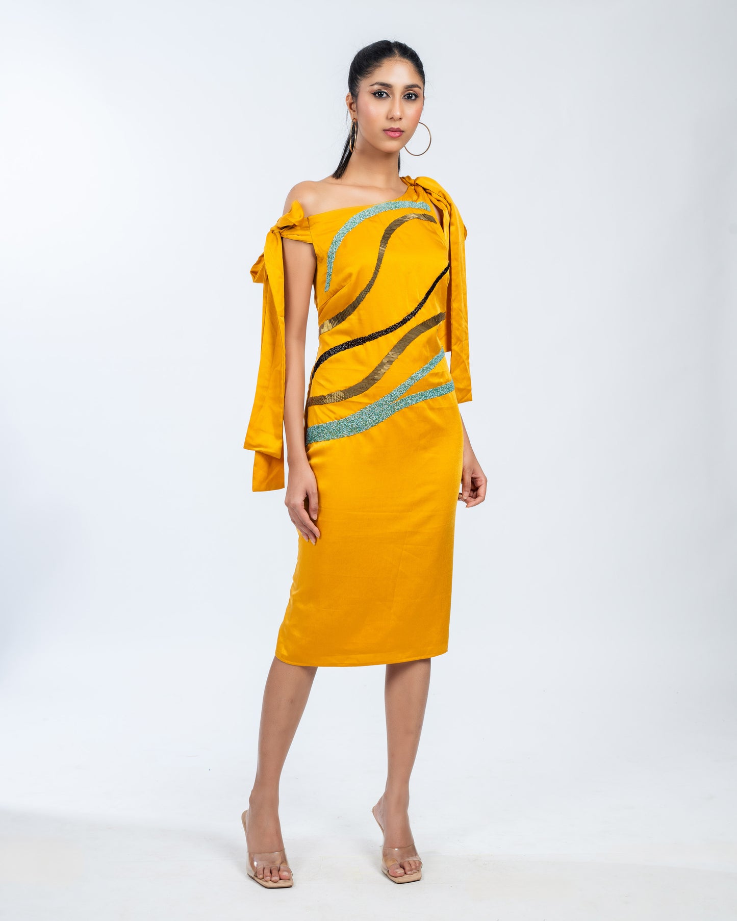 Mustard Wave Embellished One-Shoulder Dress