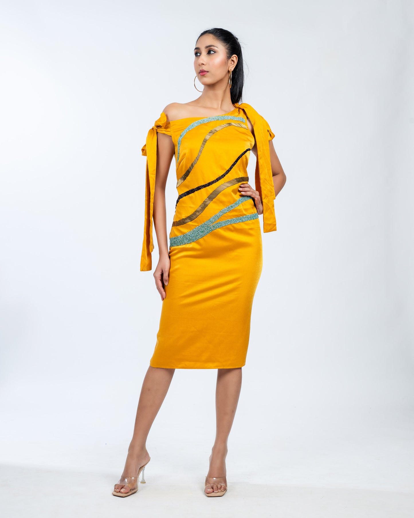 Mustard Wave Embellished One-Shoulder Dress