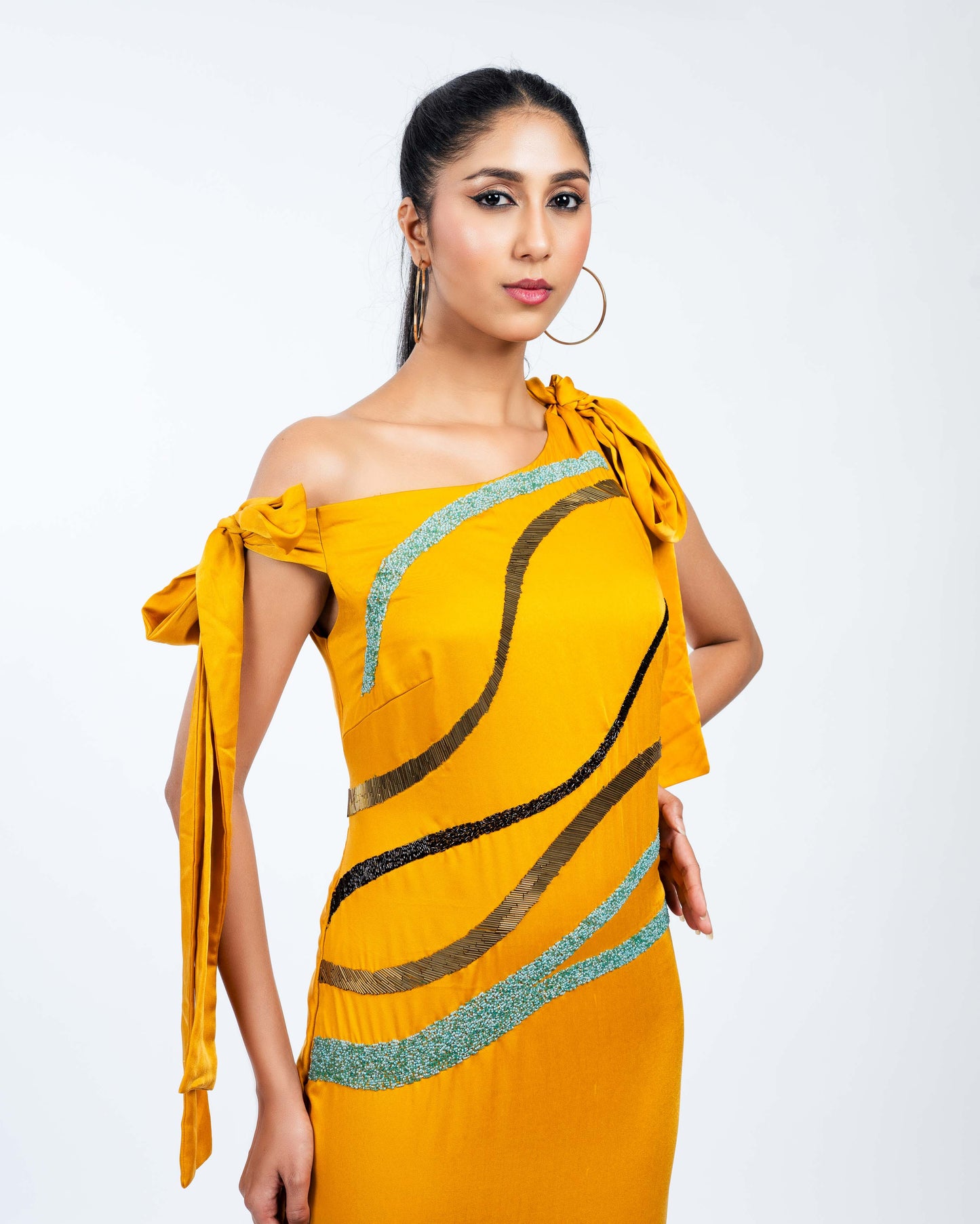 Mustard Wave Embellished One-Shoulder Dress