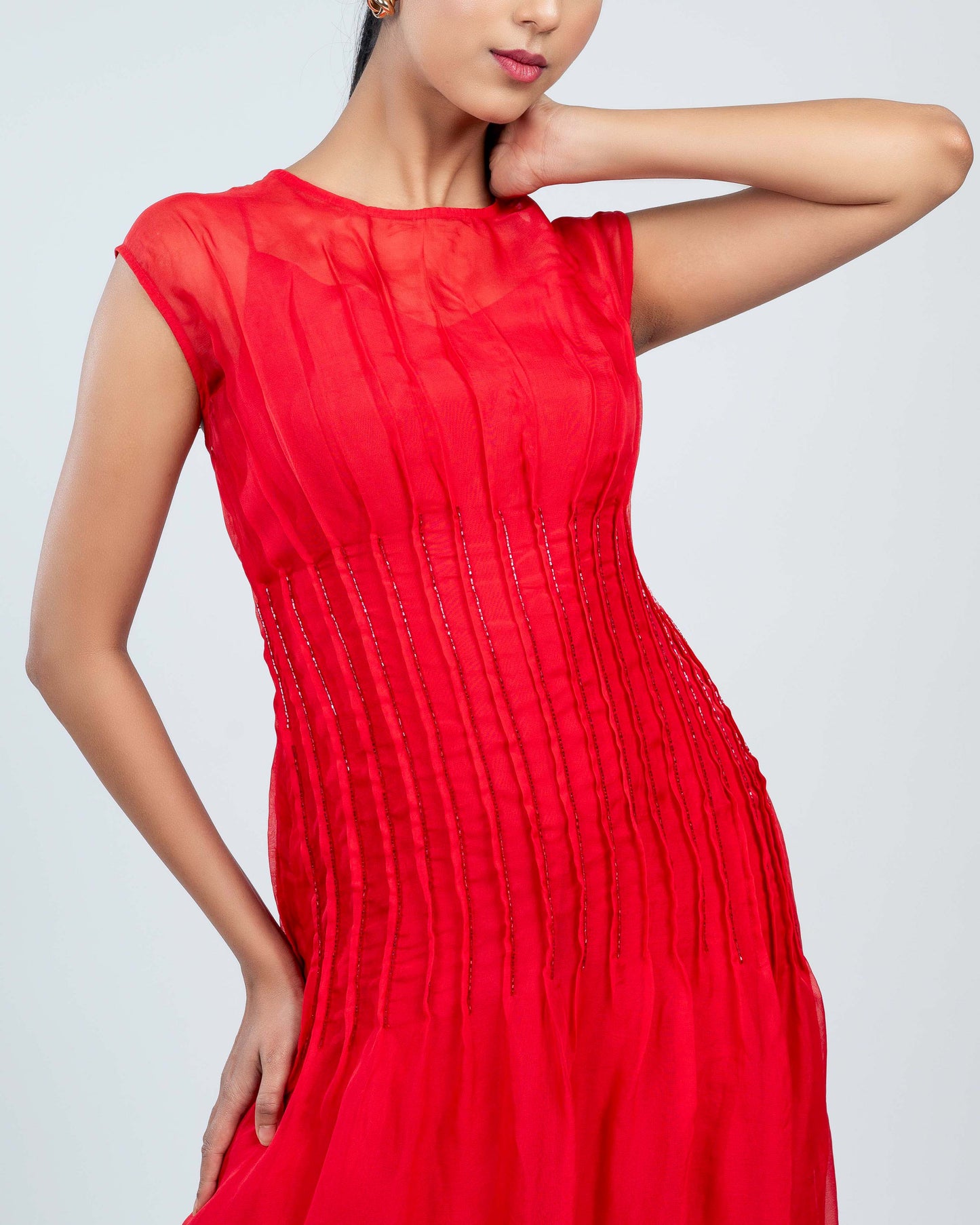 Dart detailed silk orgenza maxi dress red