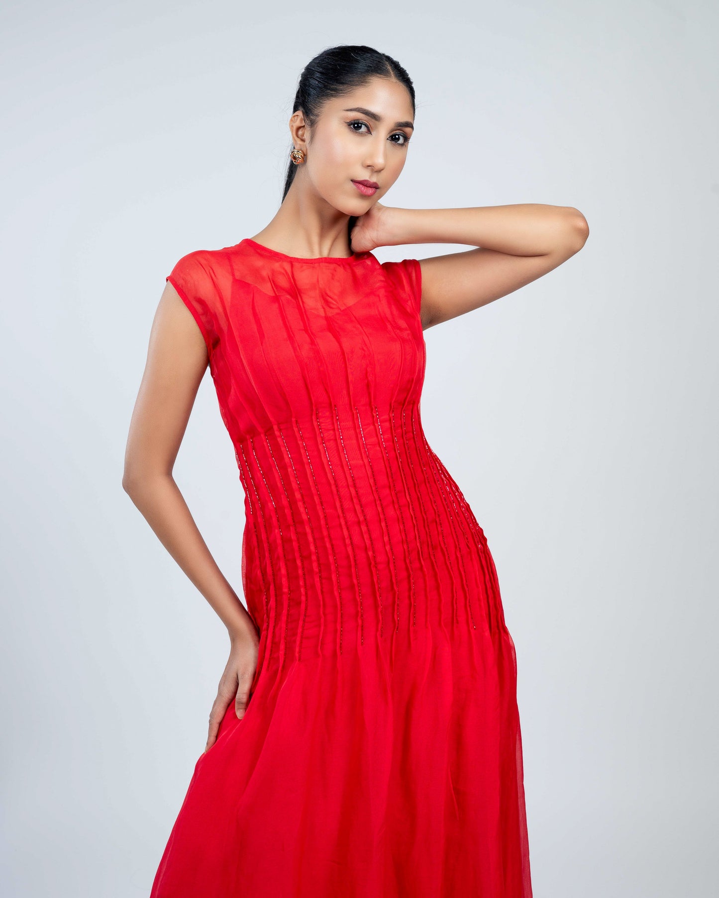 Dart detailed silk orgenza maxi dress red