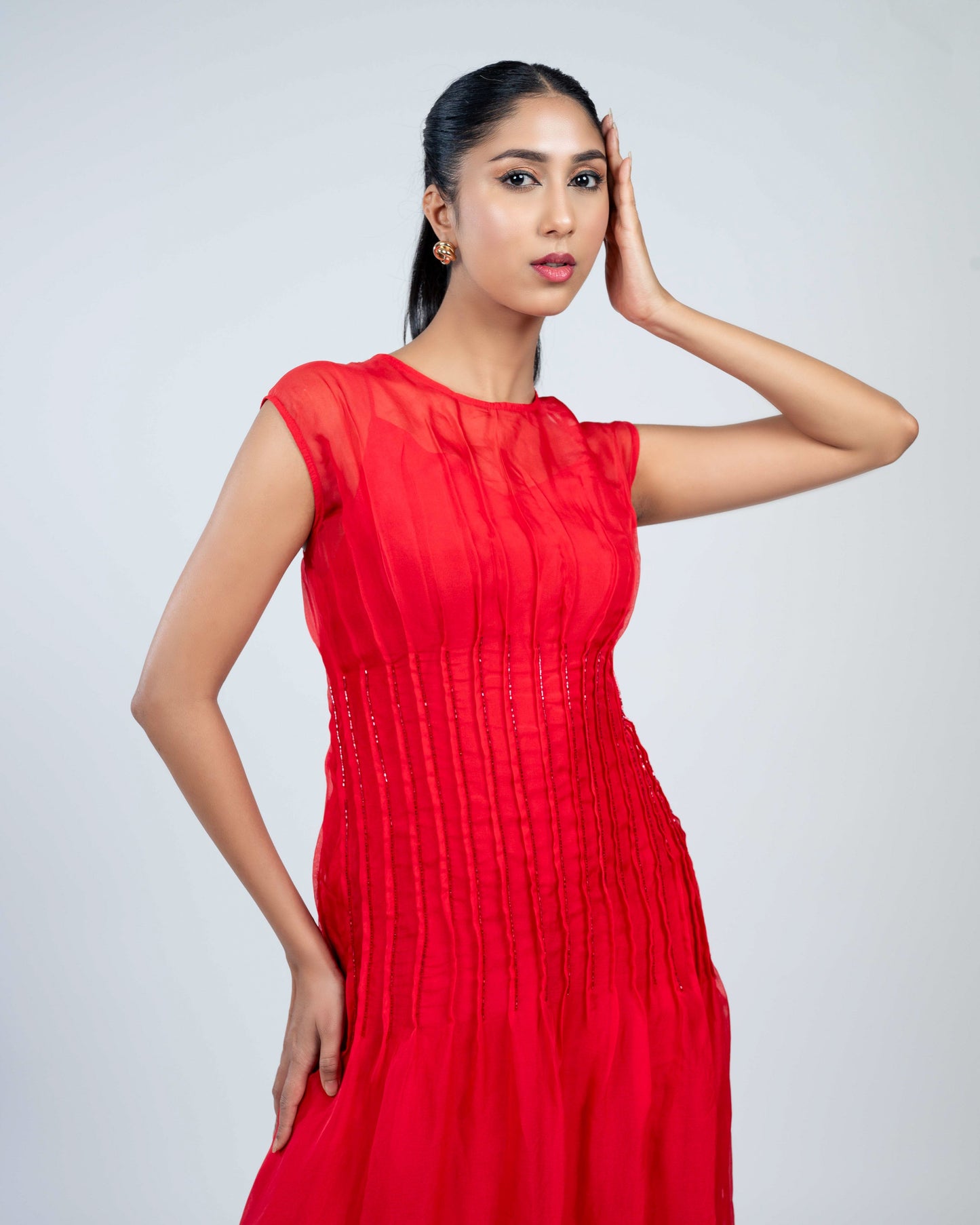 Dart detailed silk orgenza maxi dress red