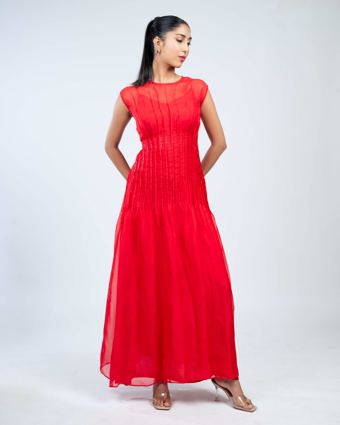 Dart detailed silk orgenza maxi dress red