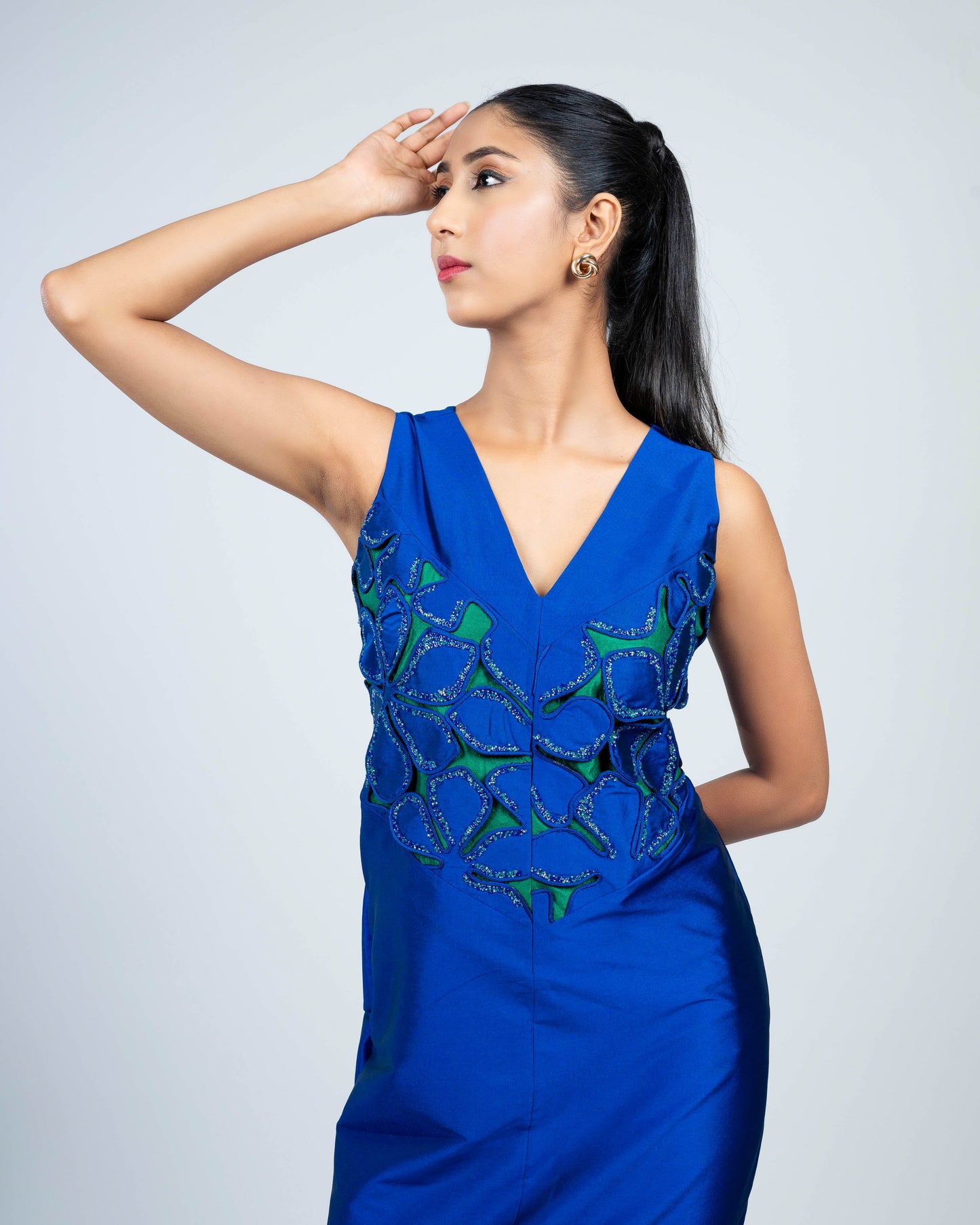Viscose silk embroidery dress blue green