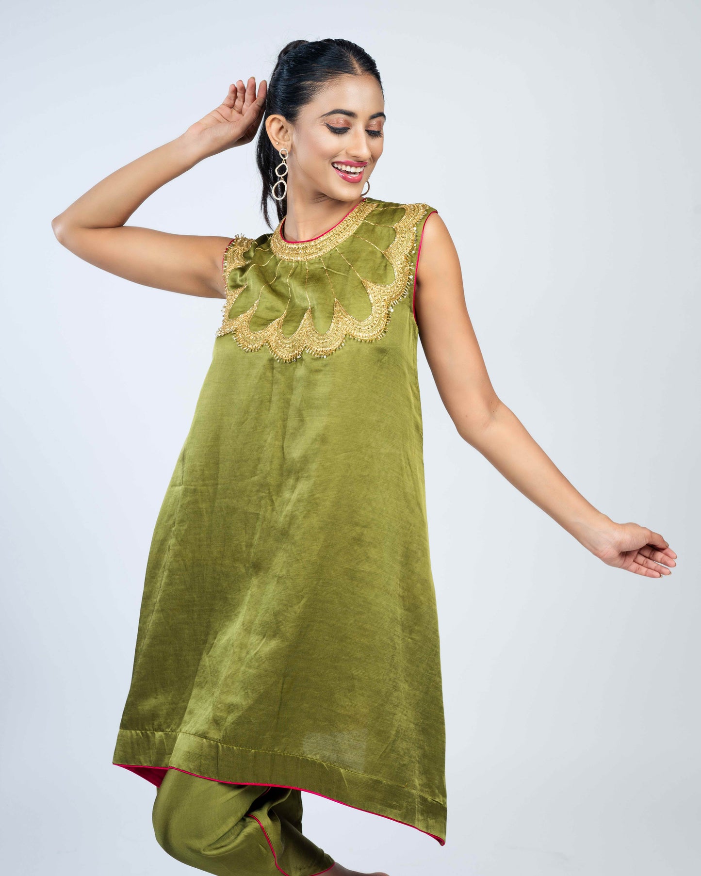Linen satin short kurti with tulip pant
