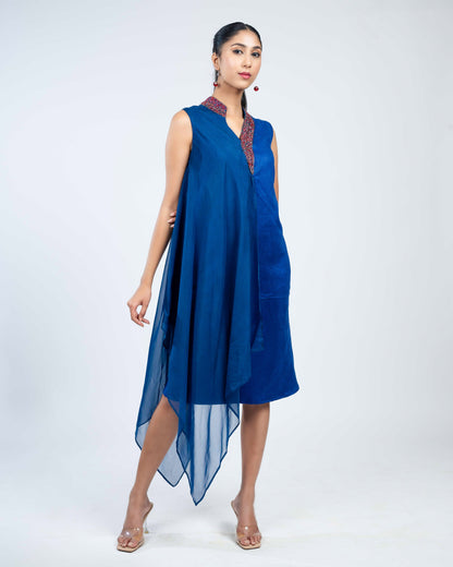 Asymmetric overlay suede organza dress
