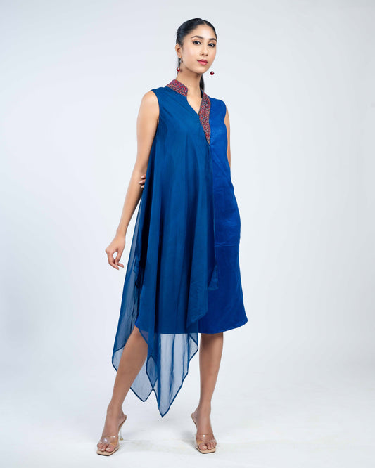 Asymmetric overlay suede organza dress