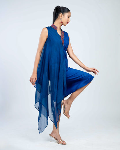 Asymmetric overlay suede organza dress