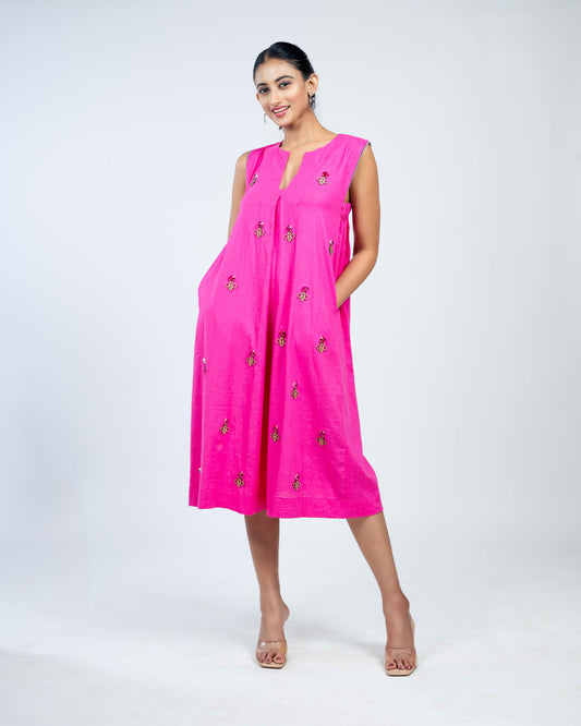 Viscose linen flared dress hot pink