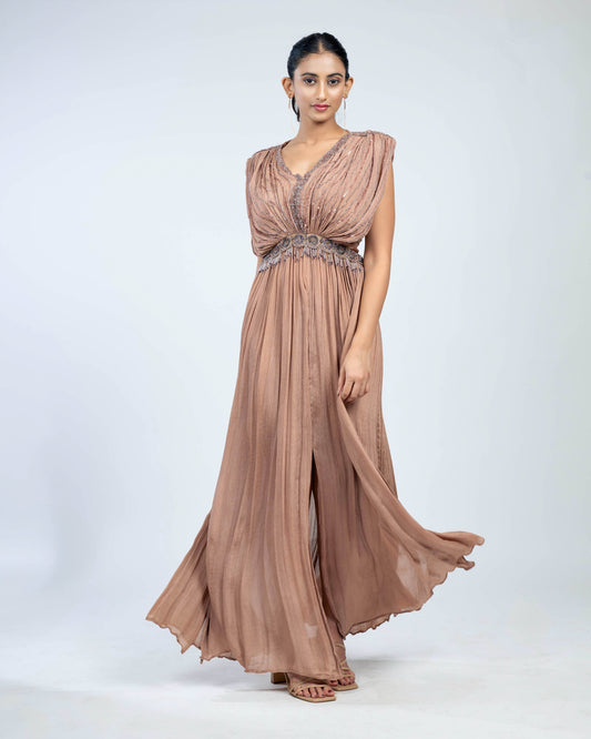 Pure textured-crepe pleated long dress mauve taupe``