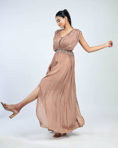 Pure textured-crepe pleated long dress mauve taupe``