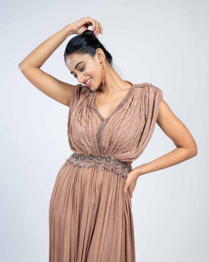 Pure textured-crepe pleated long dress mauve taupe``