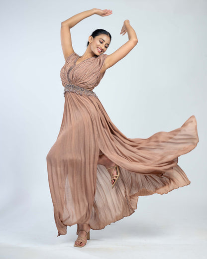 Pure textured-crepe pleated long dress mauve taupe``
