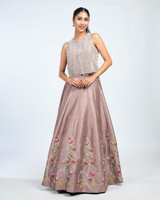 Pearl emblished crop top with panel skirt mauve