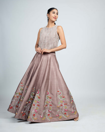 Pearl emblished crop top with panel skirt mauve