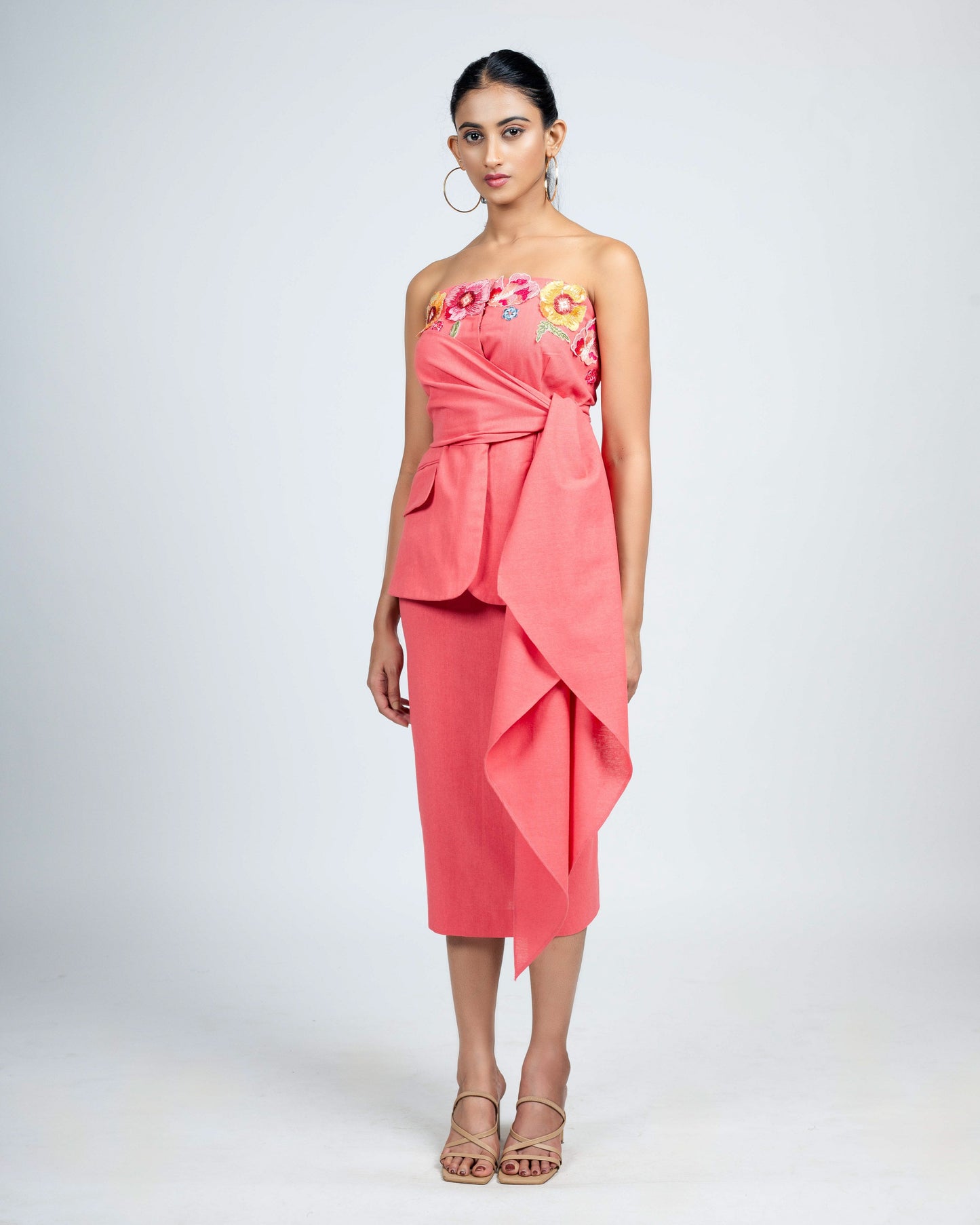 Linen tube blazer, drape top with skirt.