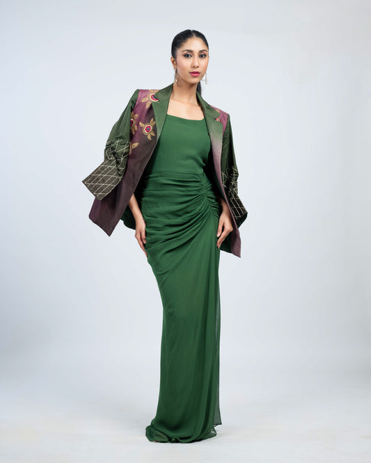 Ombre crepe blazer with rouched long dress