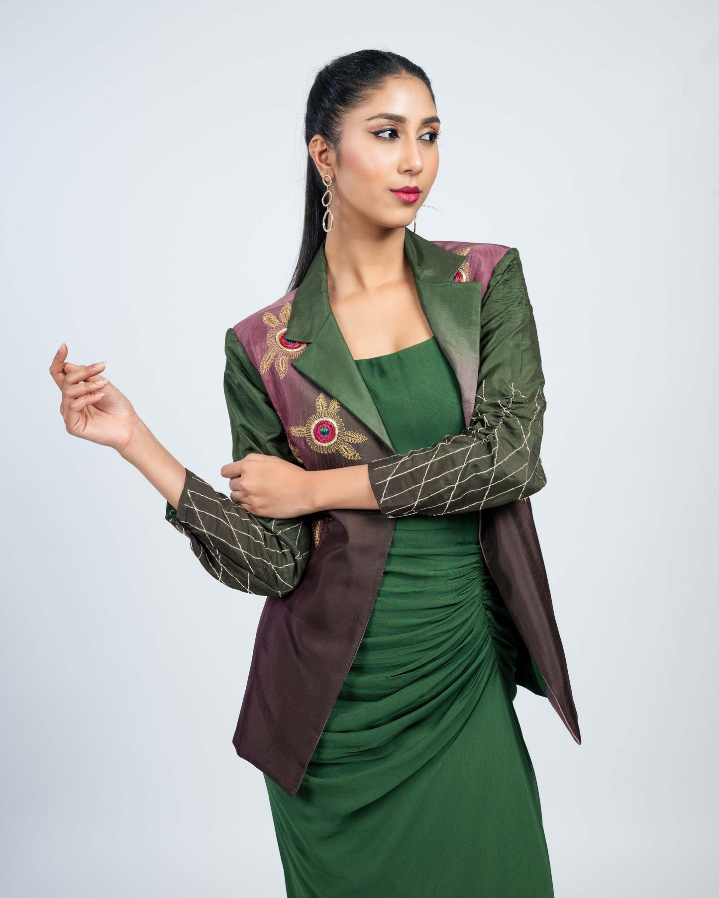 Ombre crepe blazer with rouched long dress