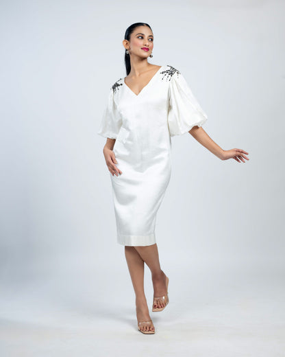 Linen satin  puffed sleeves dress