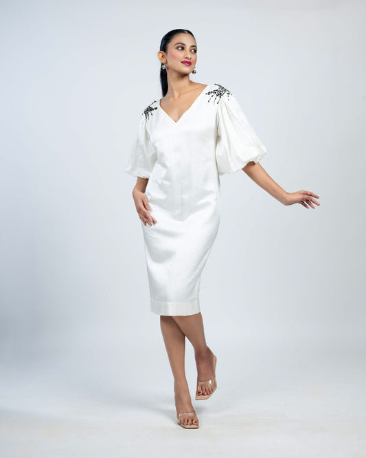 Linen satin  puffed sleeves dress