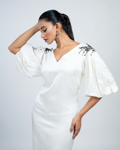 Linen satin  puffed sleeves dress